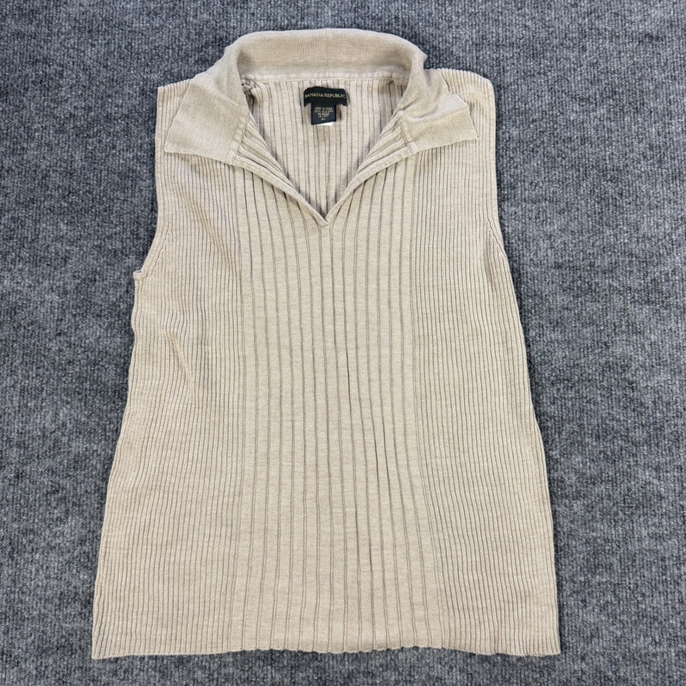 Banana Republic Sleeveless Ribbed Polo 100% Silk Tan Beige Size XL Minimalist